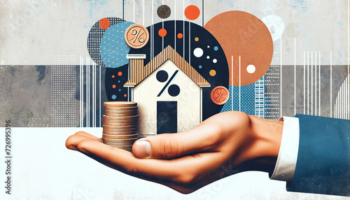 A conceptual illustration of a hand holding a house with stacked coins, symbolizing investment, real estate market, savings, and financial growth.Concept of savings. AI generated.