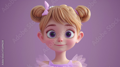 A charming cartoon girl with big expressive eyes and a bright smile. She is wearing a soft lilac tutu, complimented by adorable ballet slippers. This captivating 3D headshot captures the inn