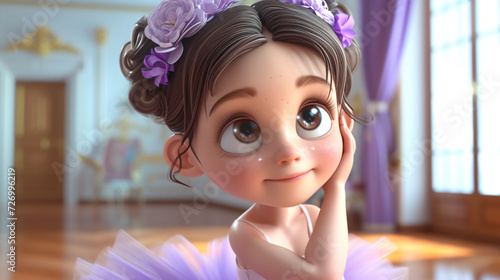 A charming cartoon girl with big expressive eyes and a bright smile. She is wearing a soft lilac tutu, complimented by adorable ballet slippers. This captivating 3D headshot captures the inn