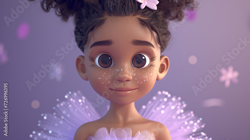 Adorable ballet girl with a charming smile, donning ballet slippers and a dreamy lilac tutu in this delightful 3D headshot illustration. Perfect for children's books, dance-themed designs, o