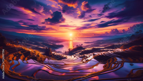 棚田の風景イラスト、紫 背景、壁紙 （ AI生成画像 ）
