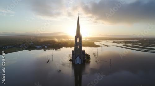 Serene sunrise over flooded landscape with isolated church spire