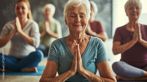 Seniors participating in a yoga class. Diverse group, gentle poses. Smiles and relaxation. Active aging, well-being focus.