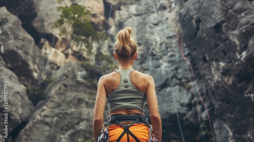 Rear view of Woman wearing in climbing equipment standing in front of a stone rock outdoor and preparing to climb.