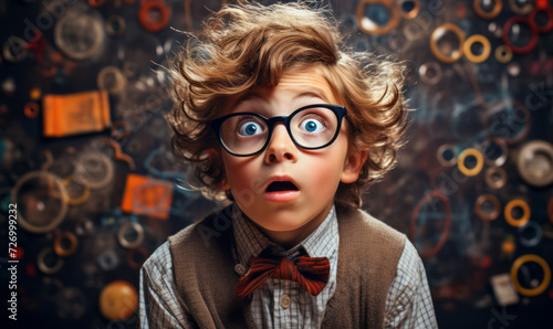 Surprised young boy with big glasses standing in front of a chalkboard filled with colorful science and math symbols, expressing curiosity and amazement