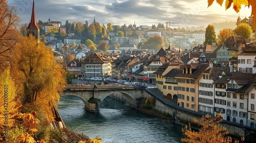 Cityscape of autumnal Bern and the bridge, Switzerland