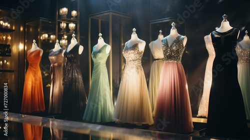 High-fashion evening gowns displayed in a chic boutique, with a warm glow highlighting their elegance and design, perfect for fashion industry marketing, boutique promotions, or design inspiration.