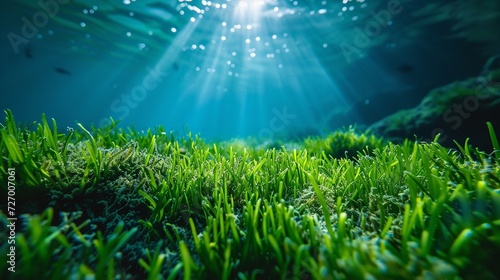 An underwater picture of a patch of green seagrass on the floor of the ocean with space, Generative AI.