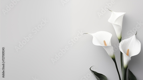 Zantedeschia or white calla lily on muted light grey background. Minimalist Sympathy Condolences Grief card. Copy space
