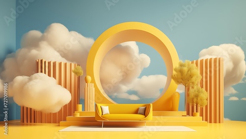 abstract minimal yellow background with white clouds flying around the tunnel landscape 