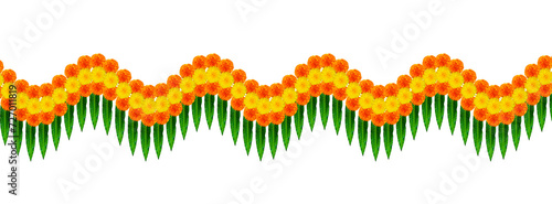 Yellow and orange Marigold curtain, Mango leaf festival card banner greetings