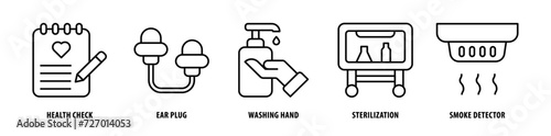 Set of Smoke Detector, Sterilization, Washing Hand, Ear Plug, Health Check icons, a collection of clean line icon illustrations with editable strokes for your projects