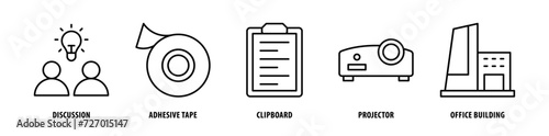 Set of Office Building, Projector, Clipboard, Adhesive Tape, Discussion icons, a collection of clean line icon illustrations with editable strokes for your projects