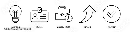 Set of Checklist, Increase, Working Hours, Id Card, Light Bulb icons, a collection of clean line icon illustrations with editable strokes for your projects