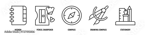 Set of Stationery, Drawing Compass, Compass, Pencil Sharpener, Agenda icons, a collection of clean line icon illustrations with editable strokes for your projects