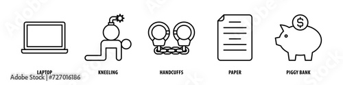 Set of Piggy Bank, Paper, Handcuffs, Kneeling, Laptop icons, a collection of clean line icon illustrations with editable strokes for your projects
