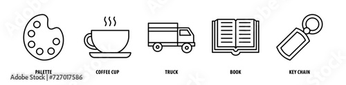 Set of Key Chain, Book, Truck, Coffee Cup, Palette icons, a collection of clean line icon illustrations with editable strokes for your projects