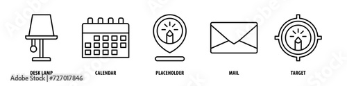 Set of Target, Mail, Placeholder, Calendar, Desk Lamp icons, a collection of clean line icon illustrations with editable strokes for your projects