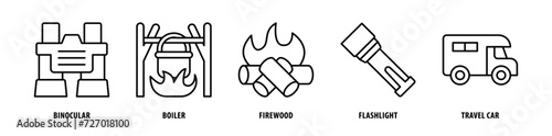 Set of Travel Car, Flashlight, Firewood, Boiler, Binocular icons, a collection of clean line icon illustrations with editable strokes for your projects