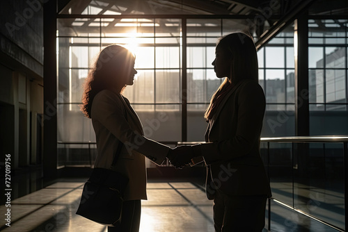 Two women, illuminated by the mysterious glow of a dimly lit room, engage in a profound handshake, emanating strength, trust, and subliminal discourse.