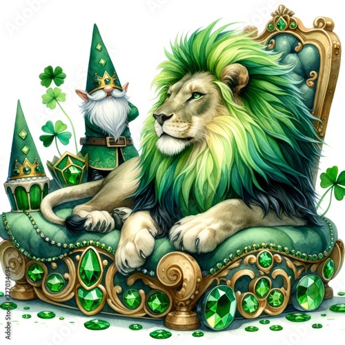 An illustrious lion seated on a grand throne, flanked by St. Patrick's Day decorations and a gnome-like figure, in a regal holiday setting. 
