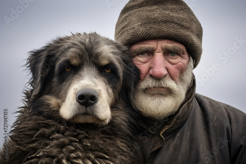 Man with a white beard and a winter hat with his shepherd dog looking ahead ready to begin his pastoral work. Nomadic lifestyle and disappearing profession. Generativa Ai