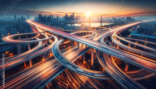 A breathtaking long-exposure shot of intricate highway interchanges with light trails at dusk, showcasing the bustling urban traffic against a city skyline. Urban traffic concept. AI generated.
