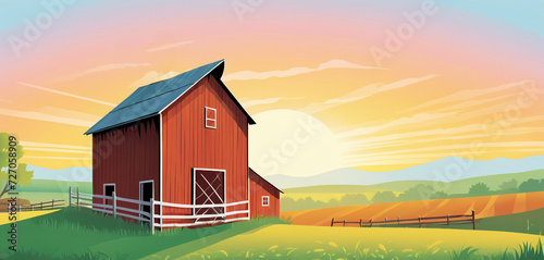 illustrazione di grande sole che tramonta su campi coltivati e un fienile, paesaggio campestre