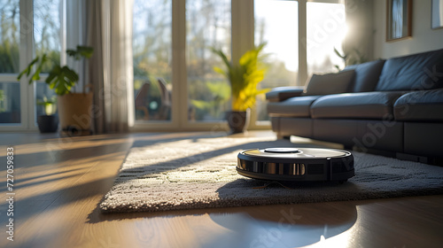 vacuum cleaner, round, black, with dock station in the room, sunlight, close-up view