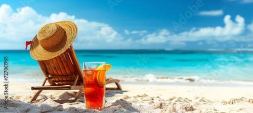 Savoring a lava flow cocktail on a paradise beach, with space for text placement