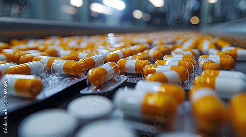 Cutting-edge pharmaceutical facility with pills in motion on conveyors, highlighting advanced drug manufacturing techniques.