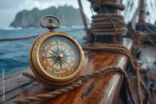 Antique Brass Compass on Wooden Sailboat Deck Against Mountainous Coastline