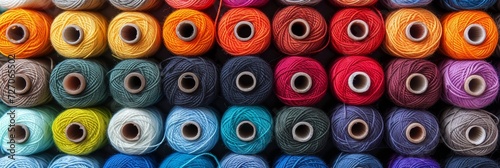 Assorted vibrant cotton threads on fabric background, close up shot in tailor s workshop
