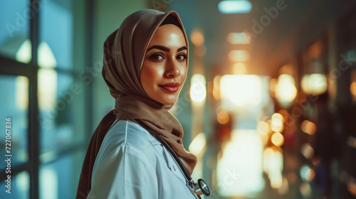 Portrait of smiling young Muslim female doctor with copy space. Healthcare concept. Generative AI