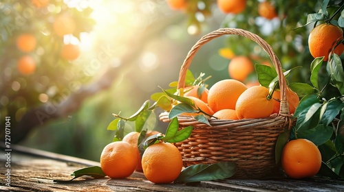 Organic ripe orange tangerine crop or citrus harvest in basket on wood against garden background. Image of orange juice. copy space for text.