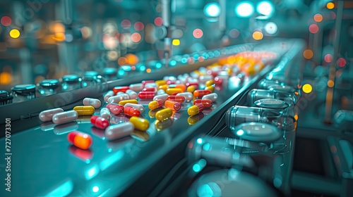 A cutting-edge pharmaceutical factory featuring dynamic pills in motion on a conveyor, exemplifying drug manufacturing at its finest.