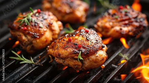 Spicy chicken thighs are grilled on a grill over a fire