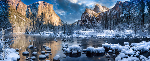 Panoramic Winter Sunrise Reflections on Yosemite Valley View, Yosemite National Park, California