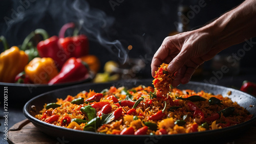 A hand dropping pepper into a paella, beautiful photography, close-up