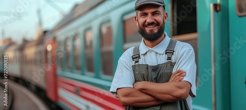 Smiling bearded train driver with crossed arms in front of train, hat, copy space