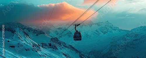 The cable car is in operation in winter with the icy mountains in the background