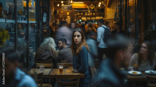 A woman hesitating at the entrance of a crowded cafe, her figure sharply focused amidst the bustling blur of patrons.