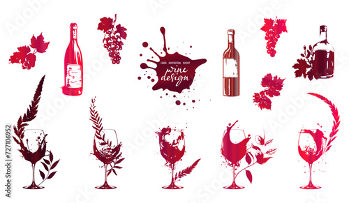 Colorful wine designs - Collection of wine glasses. Sketch vector illustration. Elements for invitation cards, advertising banners and menus. Wine glasses with splashing wine and plants.