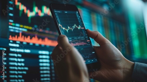 Crypto trader investor broker hand holding phone app executing financial stock trade market trading