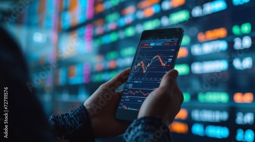 Crypto trader investor broker hand holding phone app executing financial stock trade market trading