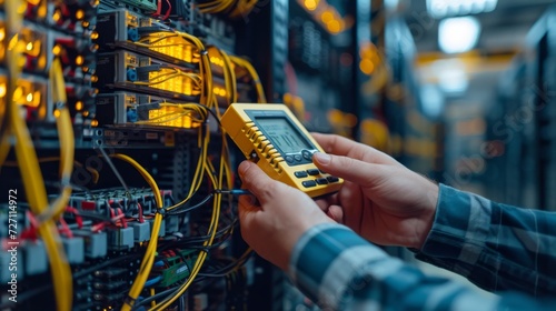 A technician's hands holding a multimeter in a server room, Electronic control panel