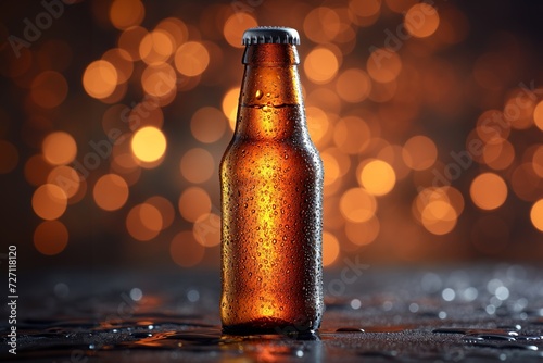 Close up view on a chilled beer bottle on bokeh background
