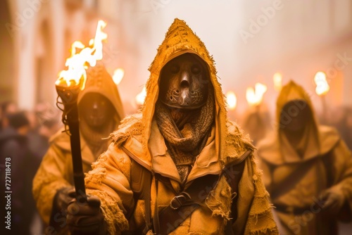 A mysterious hooded figure holding a torch in a traditional procession, evoking a sense of historical ritual and culture.