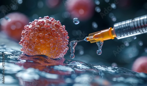 Macro image of a needle being pricked at a cancer cell. Research of cancer diseases, viruses in infected organism , viral disease epidemic, vaccine background.