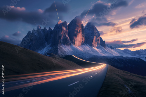 A scenic road with long light trails in front of mountains.